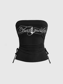 ROMWE Áo croptop nữ màu đen không dây, dây rút, xẻ tà, in họa tiết chữ thập Y2K đính đá. - màu đen - Xem 2