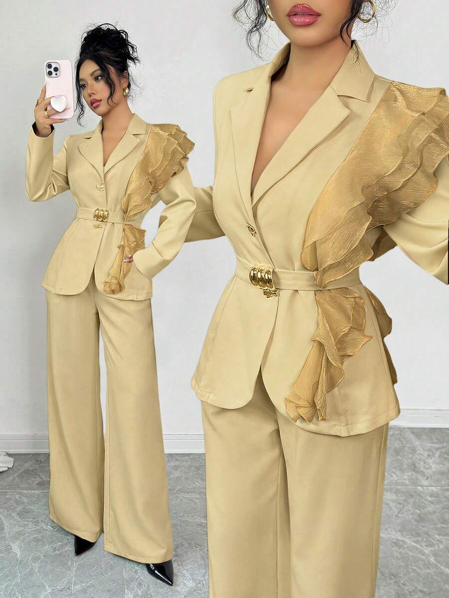 Elenzga 女士秋冬正式优雅奢华亮片雪纺拼接荷叶边领系带套装：修身长袖西装外套+直筒裤，带口袋，酒红色 - 卡其色 - 查看 1