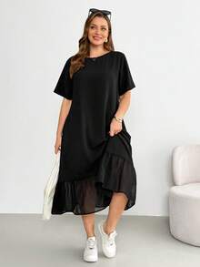 Shapeblank Đầm ngắn tay bằng chiffon màu đen dáng lửng phối họa tiết, thoải mái, dễ mặc, đa năng, tôn dáng dành cho nữ cỡ lớn thời trang xuân/hè, trang phục mùa hè, đầm có túi, kiểu dáng đơn giản. - màu đen - Xem 3