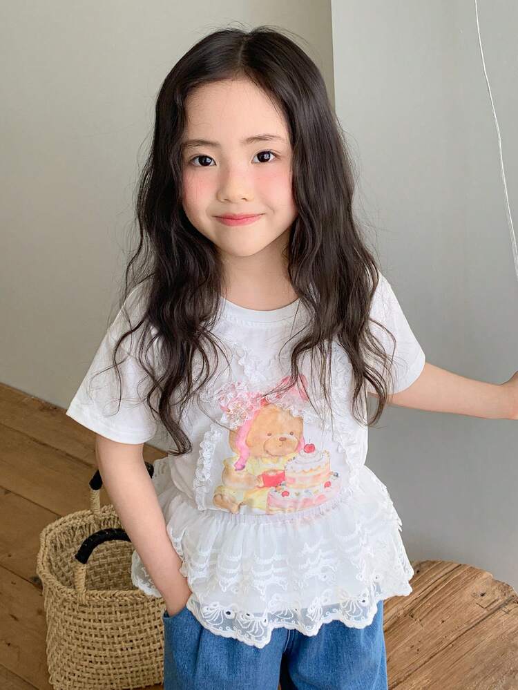 Young Girl' Round Neck Knit Butterfly Print Short Sleeve T-Shirt, Fall