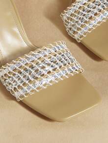 Rosivie Women Shoes Square Toe Thin High Heel Apricot Weave Slip-On Fashion Elegance French Women's High Heel Sandals Slippers With Skirts Daily Versatile Banquet Party Women's Sandals - Apricot - View 4