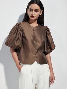 Aveloria Modichic Áo kiểu nữ thanh lịch, cao cấp, sang trọng, chất liệu giống satin, cổ tròn, khóa kim loại trang trí, tay cánh hoa. - Cà phê nâu - Xem 7
