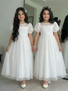 SHEIN Tween Girl Elegant Round Neck Petal Sleeve Lace Contrast Mesh Dress - White - View 5