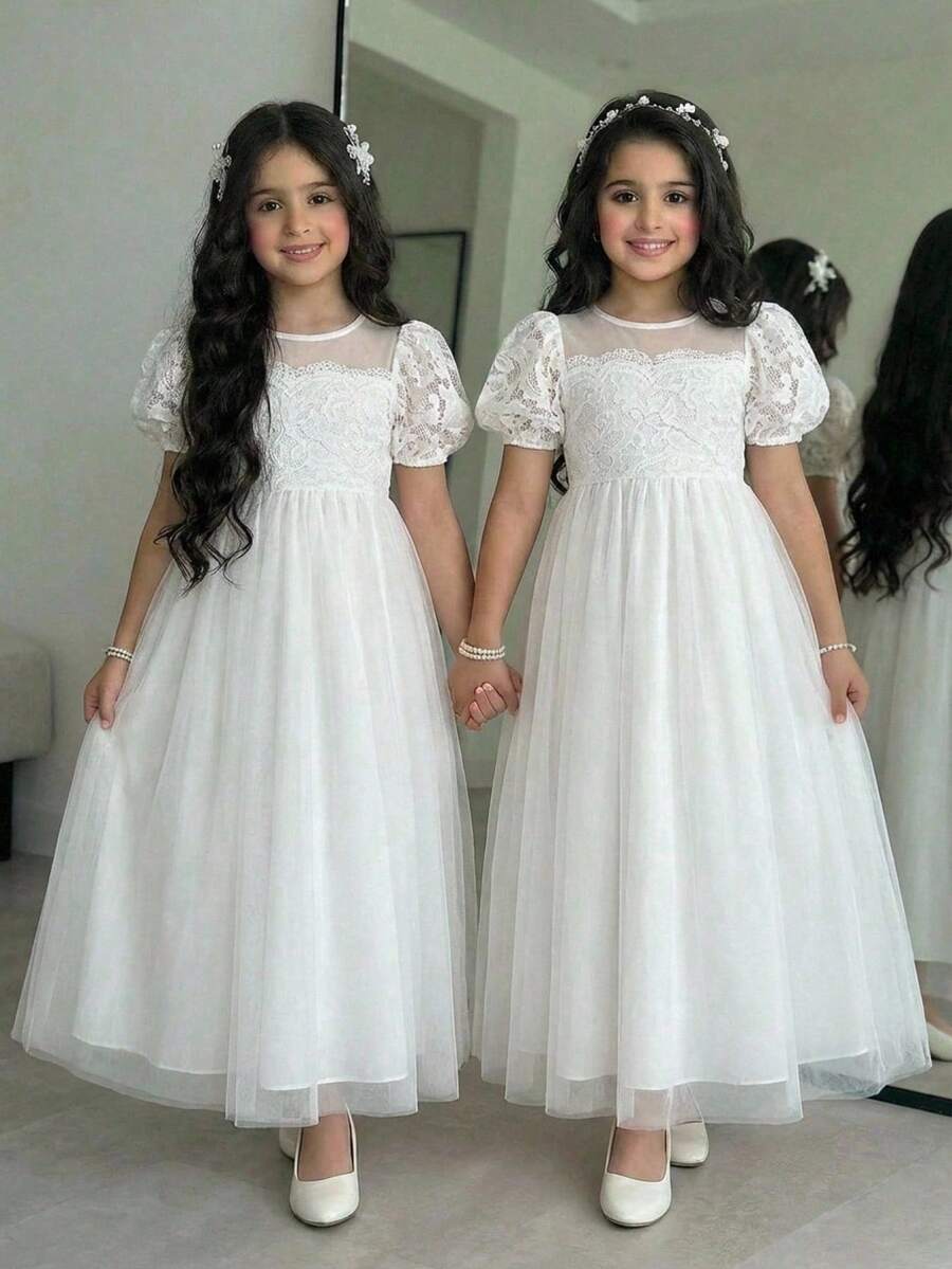 SHEIN Tween Girl Elegant Round Neck Petal Sleeve Lace Contrast Mesh Dress - White - View 1