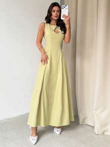 Firerie Vestido casual de oficina elegante y minimalista para uso diario, de textura de bambú sólido verde, sin mangas, con cintura hueca y plisado en línea A hasta la pantorrilla, adecuado para vacaciones, viajes, días festivos, primavera/verano, nueva llegada - Verde - Ver 7