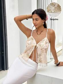 Serisse Áo tank top không tay dây mảnh đính sequin họa tiết hoa nhí cho nữ, mùa hè, áo hai dây tua rua đính sequin kiểu Pháp, thiết kế buộc dây thanh lịch, áo crop top gợi cảm, áo đính sequin, áo lấp lánh, áo thêu sequin, áo mùa hè nhẹ nhàng sang trọng thanh lịch dành cho nữ, kỳ nghỉ hè, kỳ nghỉ cho nữ, áo kiểu thanh lịch dành cho nữ, áo phù dâu, áo dự tiệc. - Màu be - Xem 4