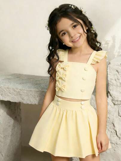 Girls' Sweet Princess Style Buttercup Yellow Vest & Shorts Set, Spring/Summer, Multi-Layer Bow & Button Decor Flare Sleeve Top & Shorts 2pcs Outfit, Suitable For Daily Wear And Small Parties