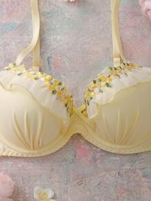 Cream Yellow Bra With Embroidered Lace, Lift And Enhance Underwire Bra - Yellow - View 4