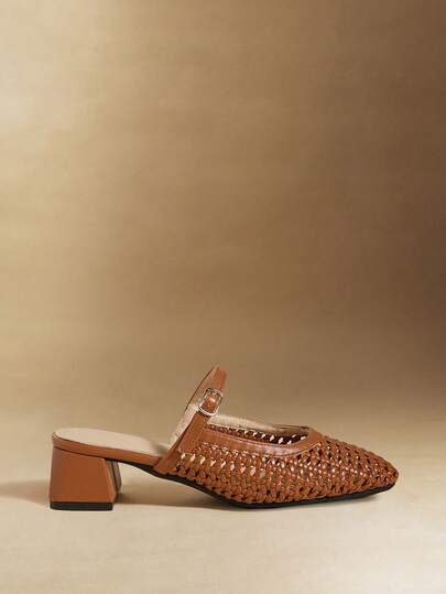 Rosivie Minimalist Modern Woven Mules, Square Toe Chunky Heel Mary Jane Slip-On, Niche Design Woven Mary Jane Slides, Square Toe Chunky Heel Single Strap Mules