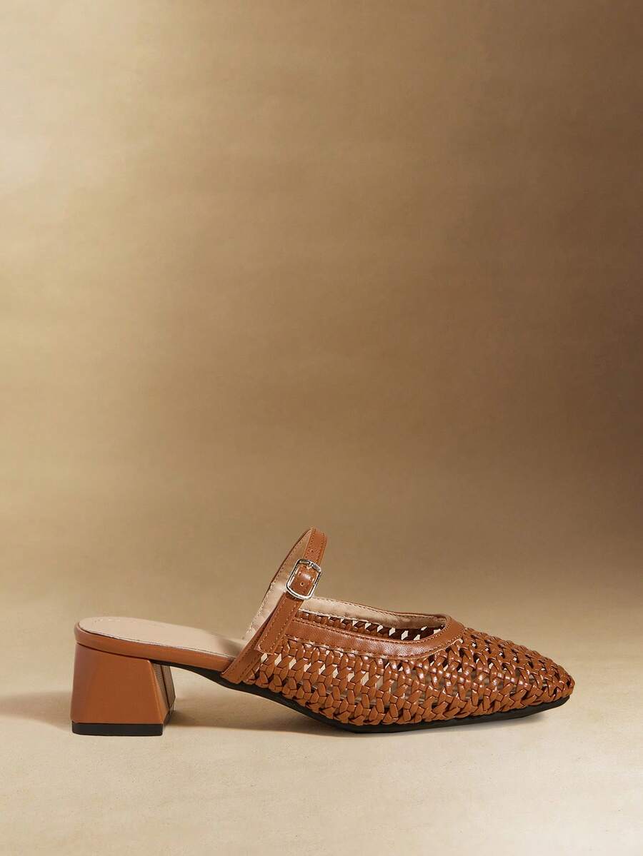 Rosivie Minimalist Modern Woven Mules, Square Toe Chunky Heel Mary Jane Slip-On, Niche Design Woven Mary Jane Slides, Square Toe Chunky Heel Single Strap Mules - Brown - View 1