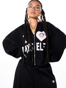 SUMWON X PAUL FRANK SUMWON WOMEN 女士宽松短款拉链连帽衫，饰有猴子爱心印花和“Myself”图案文字设计，黑色长袖休闲连帽衫 - 黑色 - 查看 1