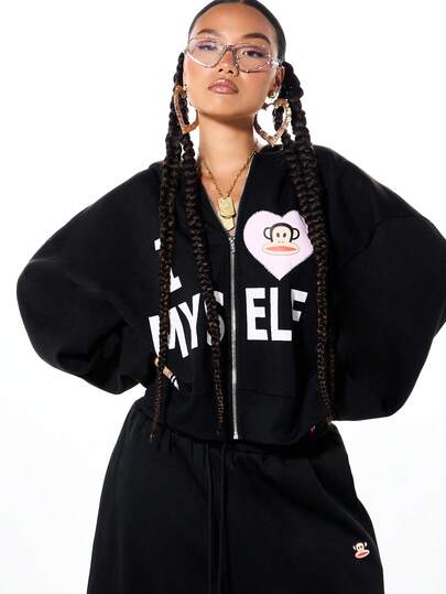 SUMWON X PAUL FRANK SUMWON WOMEN Women's Boxy Crop Zip Through Hoodie With Monkey Heart Print And "Myself" Graphic Text Design Black Long Sleeve Casual Hoodie