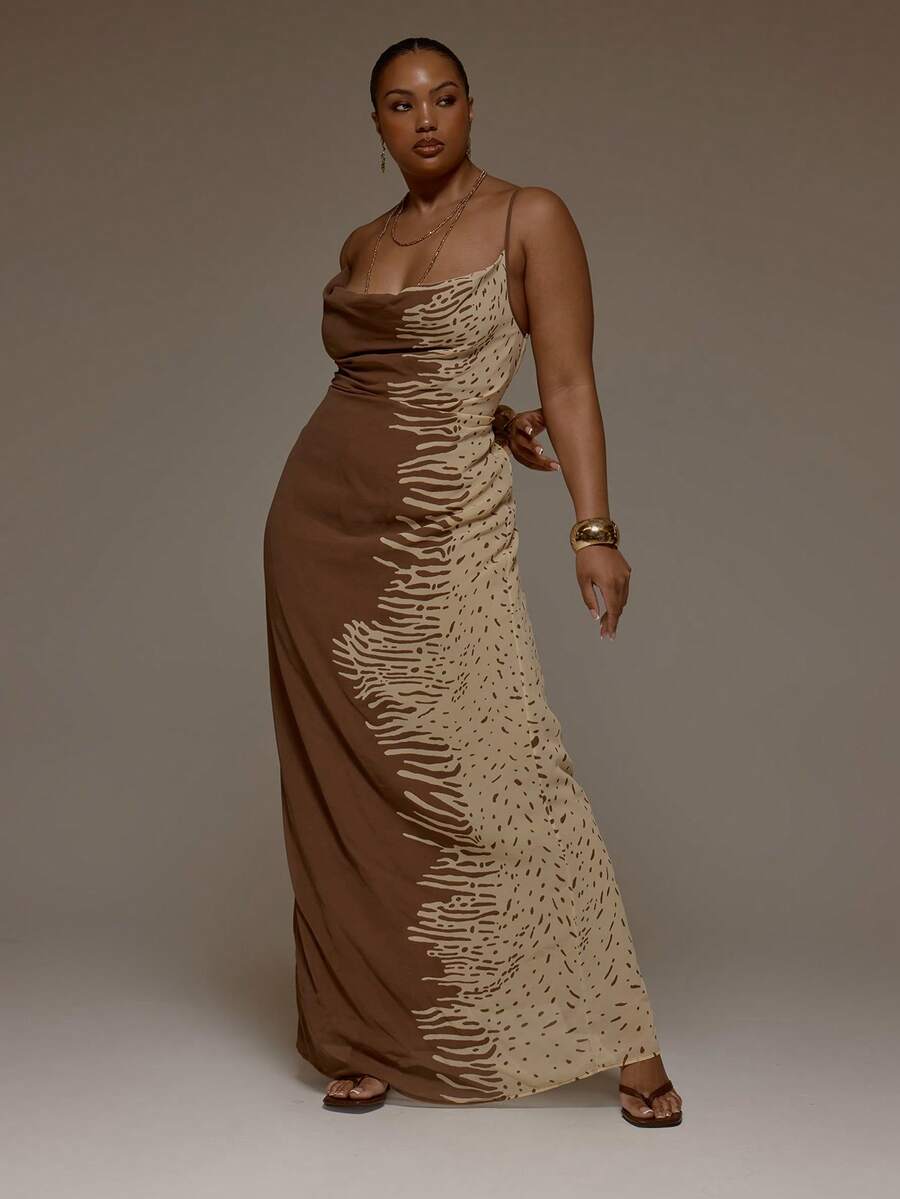 MUSERA Đầm maxi cỡ lớn màu nâu cổ đổ phía trước, họa tiết in, thích hợp cho mùa xuân hè, dễ thương, thanh lịch, hẹn hò, dự tiệc, lễ hội, kỳ nghỉ, đi biển, gợi cảm, dạ hội, tốt nghiệp. - Nhiều màu - Xem 1