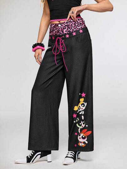 THE POWERPUFF GIRLS X SHEIN Women's Leopard Print Patchwork Cartoon Print Criss-Cross Strap Jeans