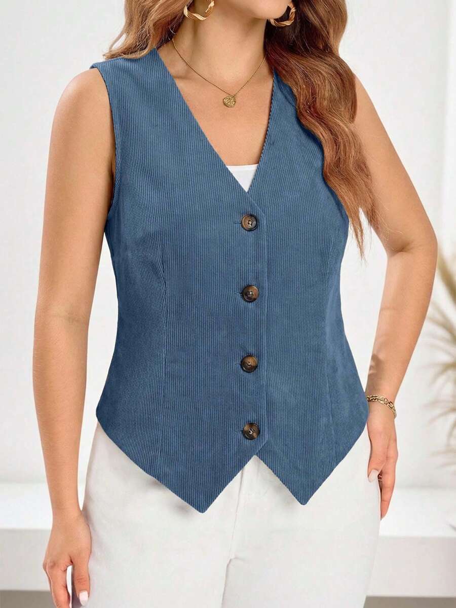 EMERY ROSE Blazer minimalista de talla grande con cuello en V sin mangas, de un solo color y con botones delanteros - Neblina azul - Ver 1