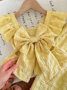 2Pcs Baby Girl Summer Pastel Yellow Cute Vacation Outfit,Ruffled Bow Top And Trousers Set,Lemon Floral Linen Clothes For Toddler Girls Summer Coord - Yellow - View 3