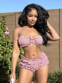 Alexandranx 两件套女士格子荷叶边露脐吊带背心和短裤套装 - 白色 - 查看 3