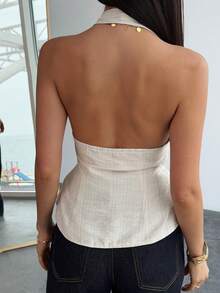 Aloruh Women's Apricot Casual Business Loose Waist Pleated Collar Halter Neck Top, Summer , Everyday Casual Commuting Top , Music Festival, Vacation Wear - Apricot - View 2