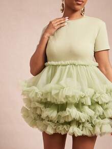 Vixey Tulle Ruffle Layered Boho Short Dress - Green - View 5