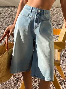 Livesso 女士高腰口袋阔腿宽松休闲牛仔短裤 - 藍色 - 查看 4