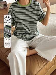 DAZY 2件套女士宽松条纹短袖T恤和直筒长睡裤，夏季睡衣套装 - 綠色 - 查看 1