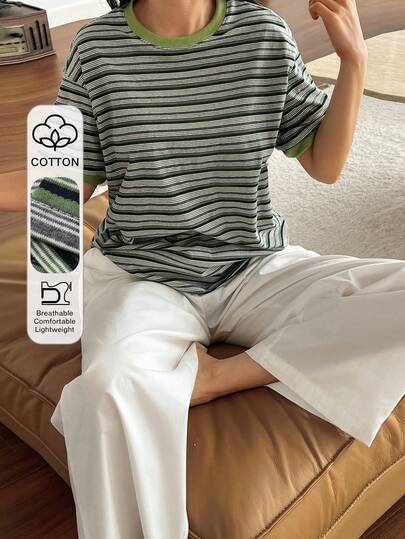 DAZY 2pcs/Set Women Loose Striped Short Sleeve T-Shirt And Straight Long Pajama Pants, Summer Sleepwear Set