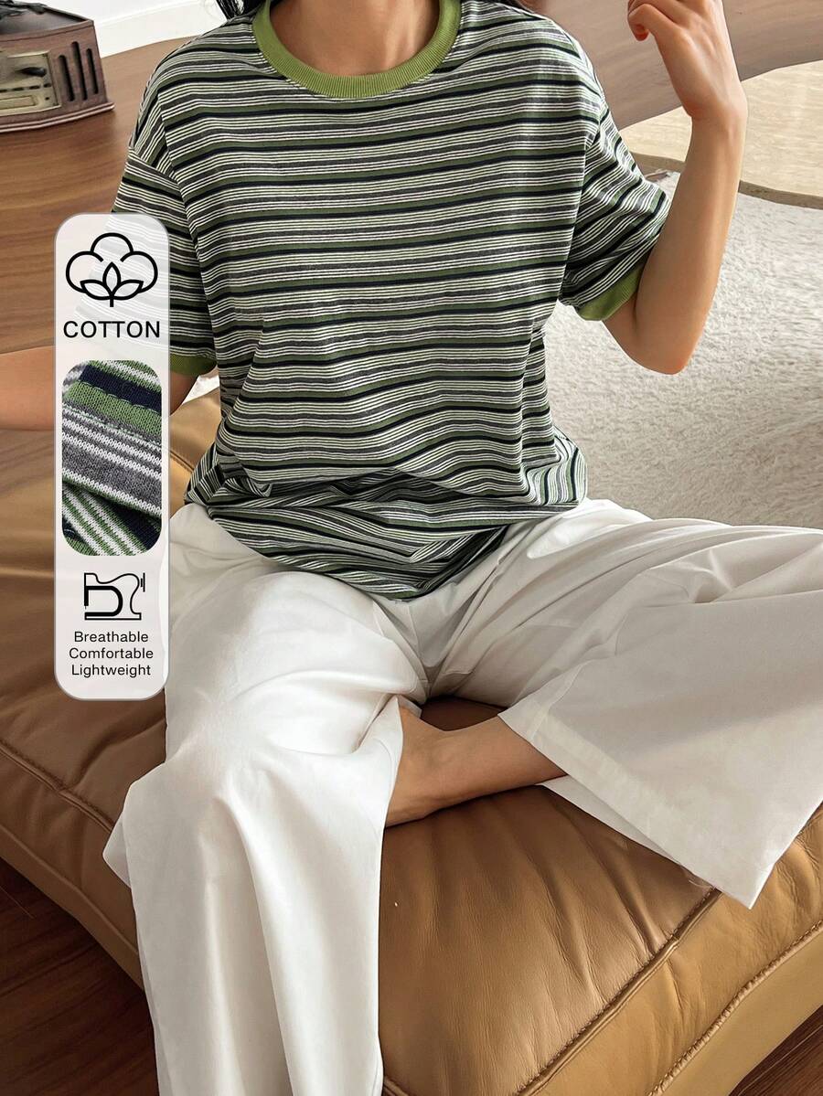 DAZY 2件套女士宽松条纹短袖T恤和直筒长睡裤，夏季睡衣套装 - 綠色 - 查看 1
