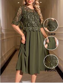 SHEIN Clasi Vestido corto de manga corta de encaje verde elegante para mujer - Verde - Ver 2