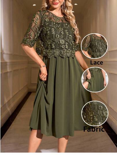 SHEIN Clasi Women's Elegant Green Lace Short Sleeve Dress