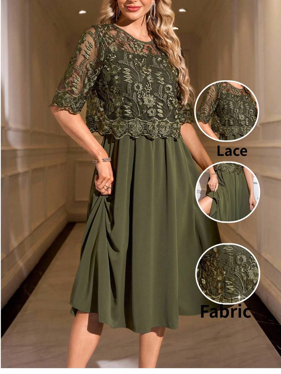 SHEIN Clasi Vestido corto de manga corta de encaje verde elegante para mujer