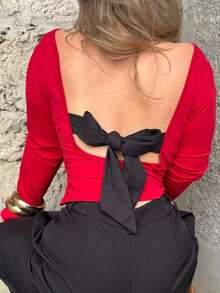 Jeta Ari 黑色上衣；女式性感撞色系带露背修身T恤；女式圆领长袖纯黑色修身蝴蝶结上衣，适合约会，年轻性感，日常外出，秋季服装，日常约会旅行装；日常外出办公装 - 紅色 - 查看 3