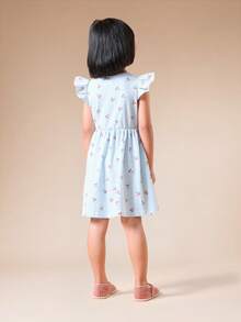 SUMWON Vestido de verano de estilo ajustado y acampanado con mangas de volantes a rayas y estampado de flores pequeñas, para uso casual de día, longitud midi y estilo línea A para niñas - Azul - Ver 2
