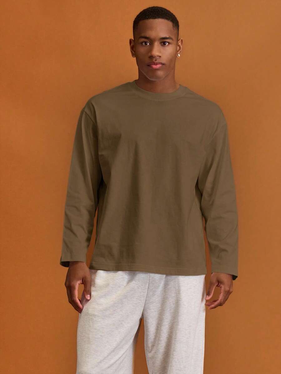 Musero Men Oversized Crewneck Long Sleeve Basic Plain T-Shirt Capsule Wardrobe Layering Autumn Winter - Brown - View 1