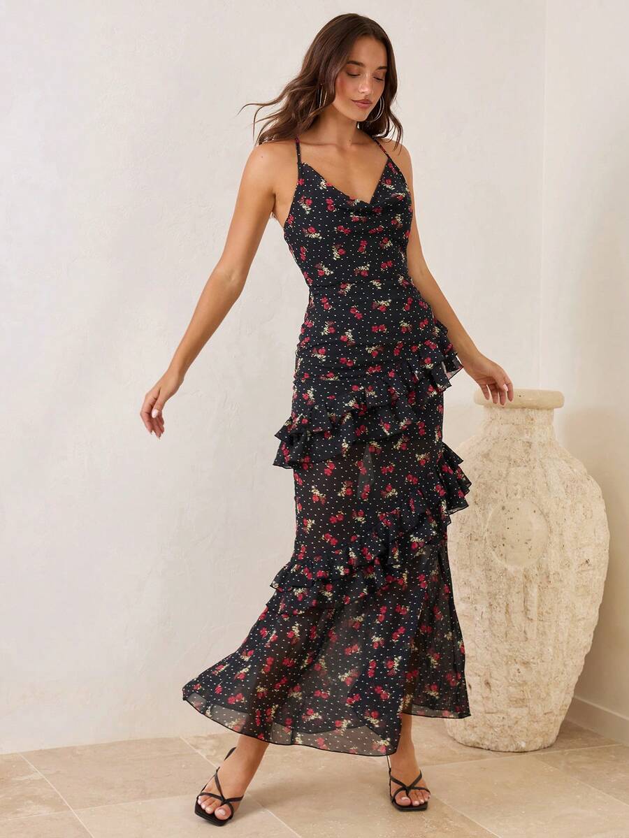 Enchnt 女士法式波点花卉拼接荷叶边吊带连衣裙，优雅迷人 - 黑色 - 查看 1