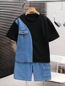 SHEIN Little Byeori 青少年男童休闲时尚牛仔拼接T恤搭配牛仔短裤，适合春夏日常穿着 - 黑色 - 查看 5