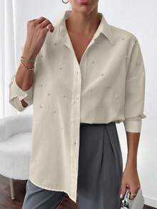 EURMUSE Women's Stylish Rhinestone Embellished Drop Shoulder Shirt - Beige - View 6