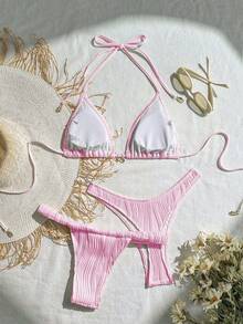 Swim Mod 3pcs Beach Outfits For Women, Solid Color Textured Fabric Halter Sexy Retro Bikini Set - Baby Pink - View 2
