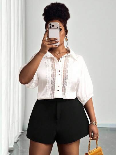 Truni Plus Size Women's Elegant White Hollow Lace Patchwork Blouse, Suitable For Vacation, Afternoon Tea, Cruise, City Driving Vacation, Bohemian Style Vacation, Music Festival, Beach Outfit, Easter, Elegant Vacation Wear, Concert Outfit, Tropical Vacation Wear, Bohemian Style Clothing, Spring/Summer/Autumn White Shirt White Blouse White Tops, Summer Tops