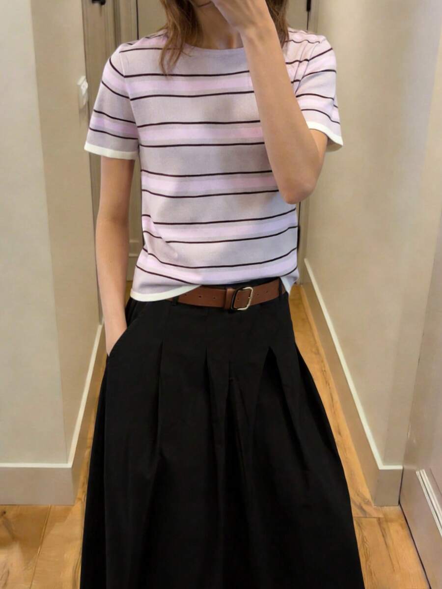 Maija Crew Neck Raglan Short Sleeve Striped Casual Loose Knit Sweater, Summer - Multicolor - View 1