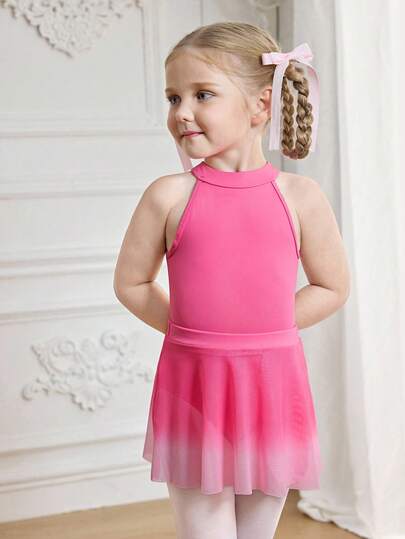 女童无袖针织吊带连体衣和短裤两件套，粉色渐变紧身衣，修身弹力舒适柔软运动服，适合比赛训练，弹力氨纶舞蹈队服