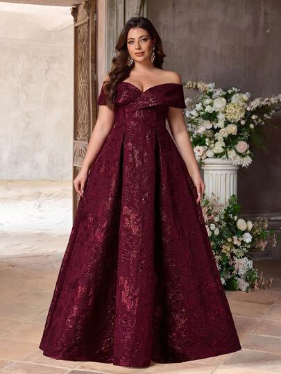 Aureia Plus Size Elegant Luxurious Red Jacquard Fabric Off-Shoulder Pleated Maxi Dress, Suitable For All Formal Occasions, Wedding Season, Gala Dinner (Heavily Embellished Design)