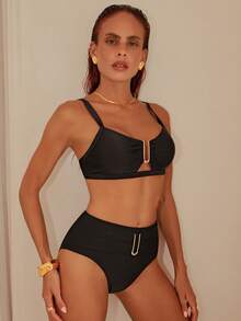 Swim Chiccia 2026 Spring/Summer Women's Black Thick Strap Adjustable Solid Color Gold U-Shape Decor High Cut Bikini Bottom Two Pieces Swimsuit Set - Black - View 7