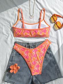 Swim Mod 2pcs/Set Women's Beach Bikini Set, Random Colorful Ocean Element & Shell Strap, Geometric Contrast Trim Design - Multicolor - View 3