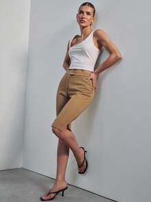 Hauture Quần lửng nữ co giãn cạp chun, kiểu dáng gợi cảm, thích hợp mặc đi làm. - Màu Khaki - Xem 4