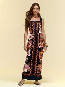 CAJUNI 女士休闲度假热带花卉印花黑色露肩针织中长连衣裙，约会连衣裙，优雅连衣裙，带口袋女士长款连衣裙，夏季长裙，吊带长裙 - 黑色 - 查看 9