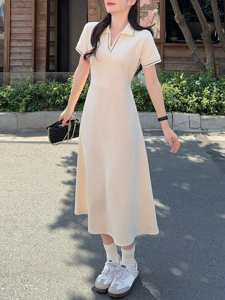 Women's Casual Colorblock Trim Short Sleeve Dress, Summer