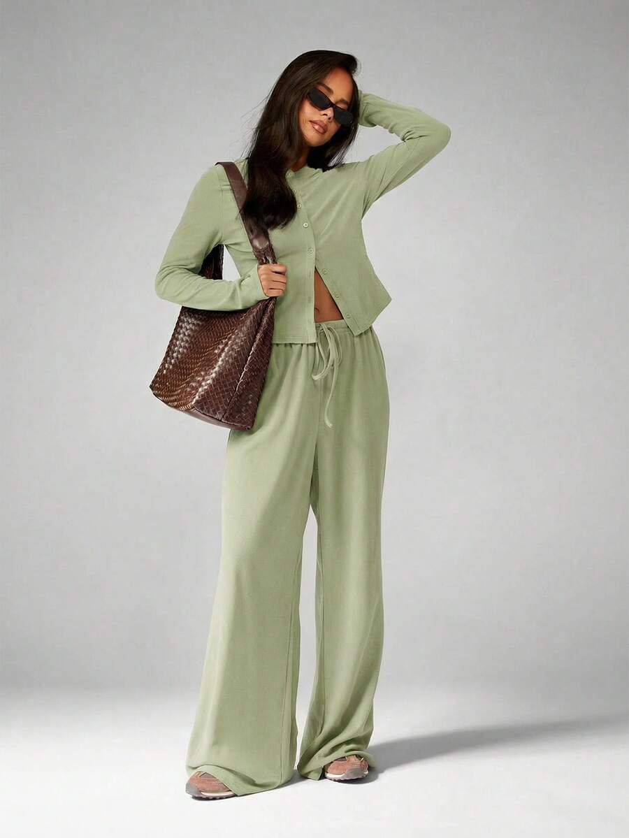 MISSGUIDED Sage Green Button Up Cardigan And Wide Leg Pants Soft Touch Co-Ord Set Casual Two Piece Outfit Loungewear - Green - View 1