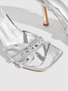 CUCCOO SZL Women's Square Toe Rhinestone Ankle Strap Sandals For Christmas Prom Heels Summer Shoes - Silver - View 2