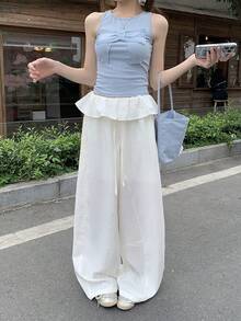 DAZY Quần nữ dáng suông rộng, có bèo nhún, dây rút, cạp chun, kiểu dáng thường ngày. - trắng - Xem 7