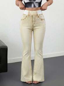 SHEIN Tall Women's Jeans Casual Skinny Stretch Flared Pants Blue Skinny Jeans High Waist Flared Pants Tall Women's Jeans Summer - Khaki - View 5